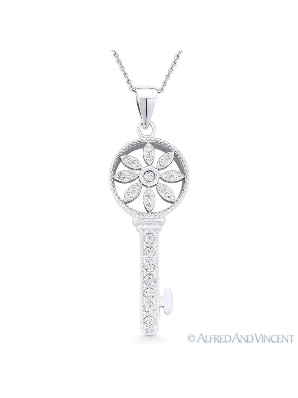 Circle & Flower Bow Key Charm Pendant & Chain Necklace in .925 Sterling Silver